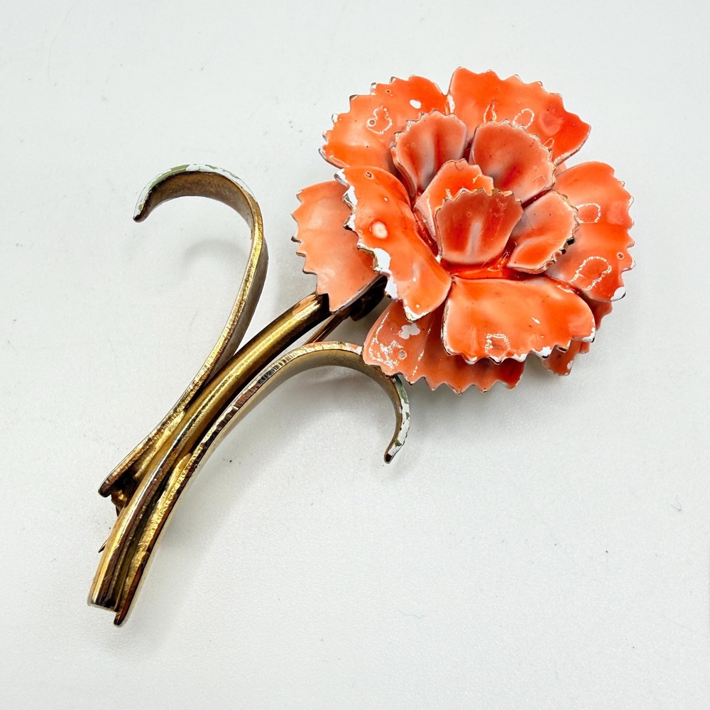 Vintage Peach Orange Enamel Carnation 3D Metal Flower Power 60s 70s Brooch
